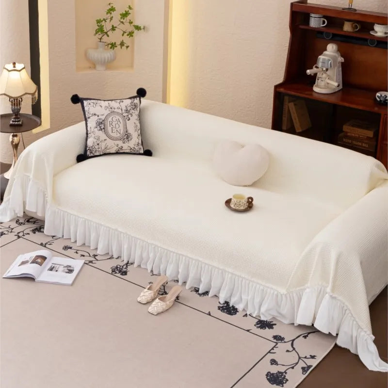 2024 French Country Sofa Cover Patchwork Stretchable Couch Protector Vintage Solid Color Cool Decor Throw Blanket Pleated lace